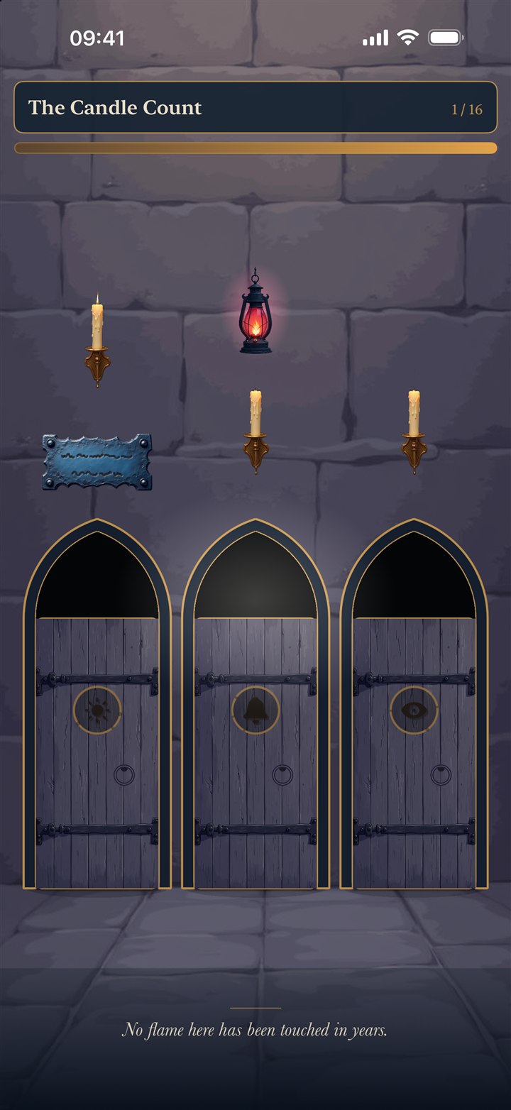 A gothic aisle puzzle with three doors, candles, and the Caretaker's burning crimson lamp.