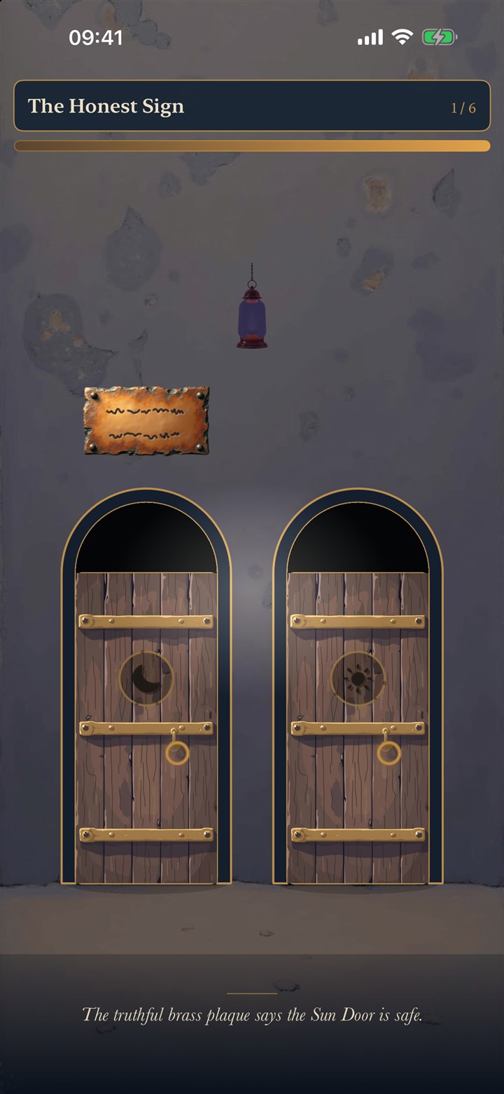 A castle riddle chamber with two doors and a truthful brass plaque.