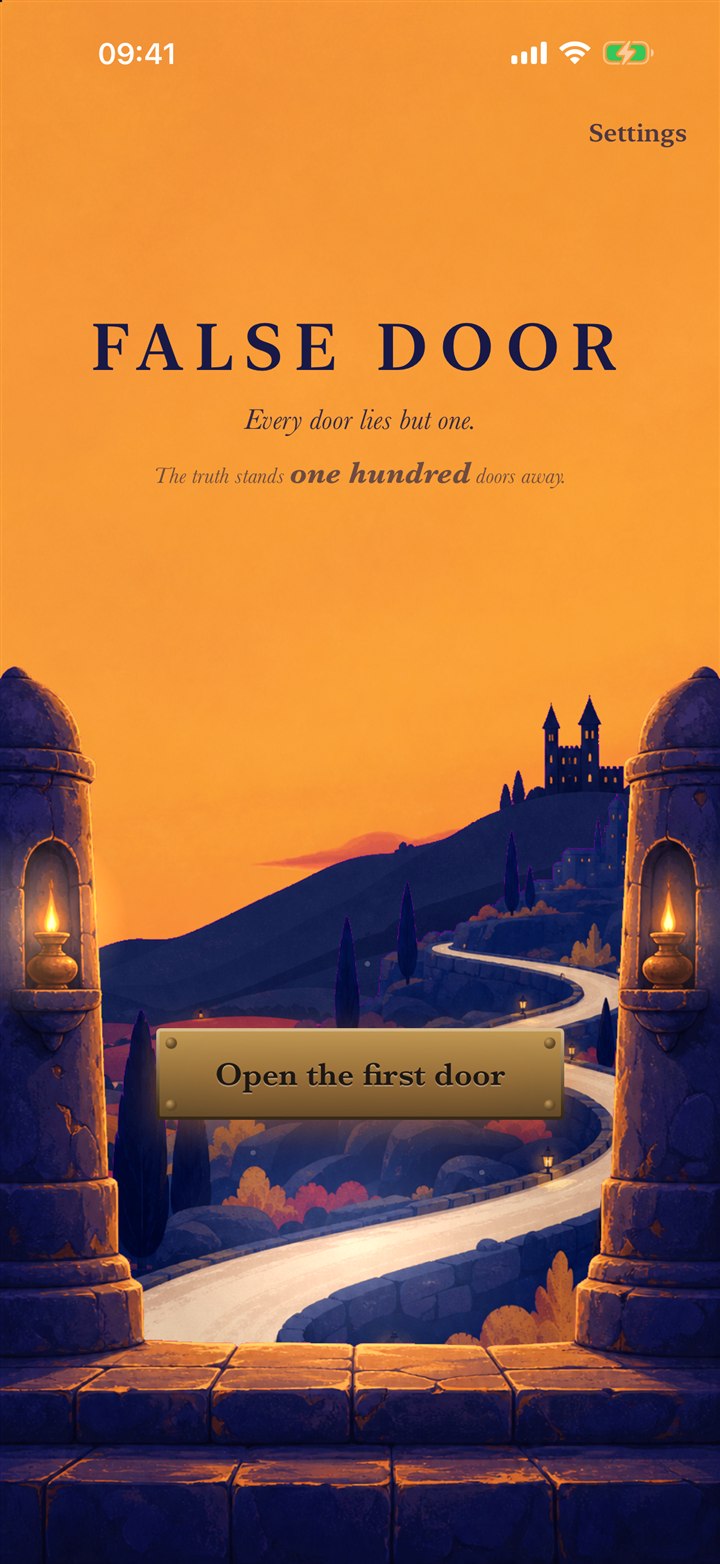 The Threshold title screen, facing a distant castle at sunset.